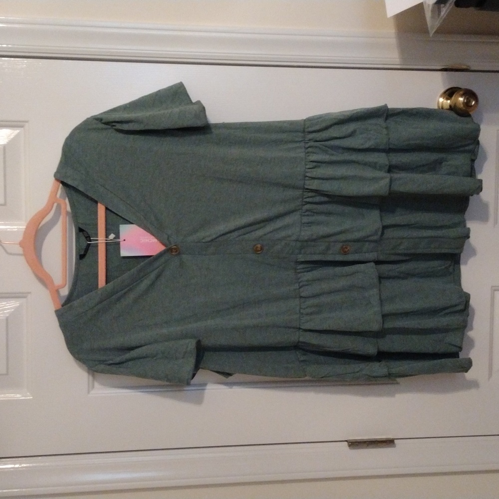 NWT Women's Plus Size Olive Green Button Up Ruffled Blouse Size 22-24